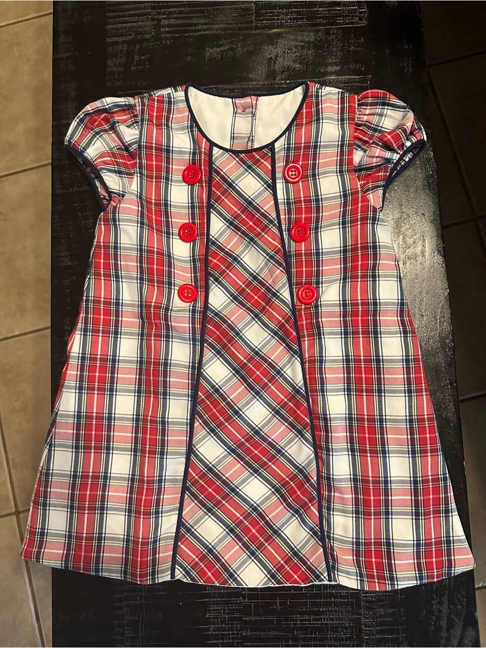 Red Plaid Girls' Short-Sleeve Formal Dress with Navy Trim